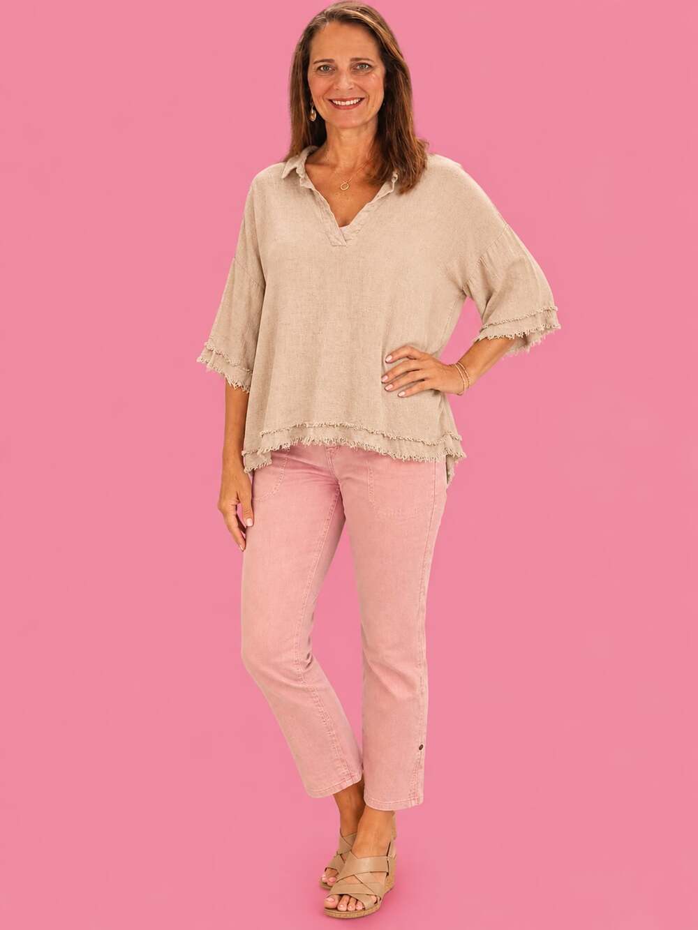 Umgee USA Linen Cotton Frayed V-Neck Blouse Top Size S Khaki Beige